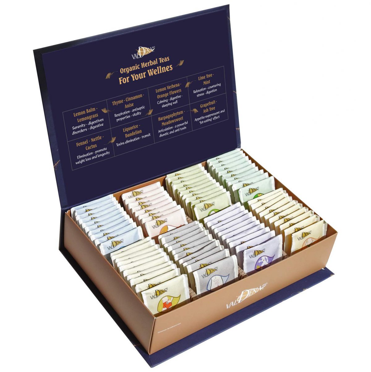 Organic Herbal Tea Organic Herbal Tea Valdena Sampler Gift Set Box - 8 assorted tea flavors, 64 total tea bags - Image 1
