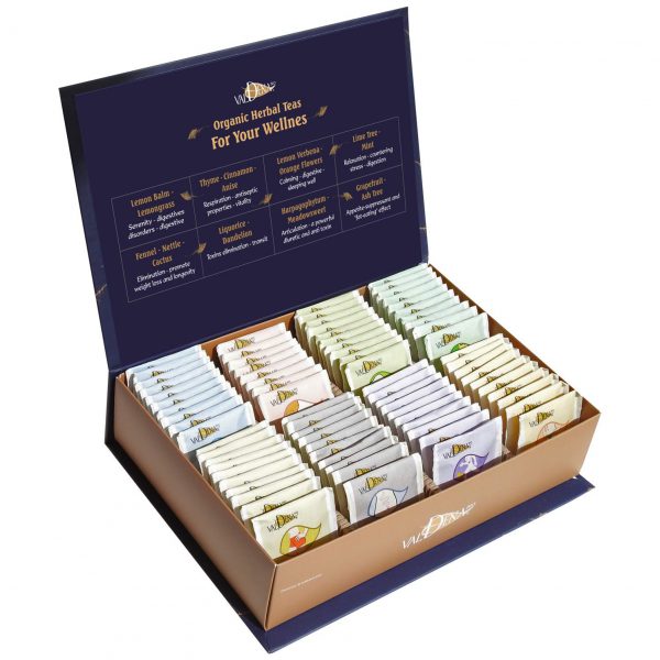 Organic Herbal Tea Valdena Sampler Gift Set Box - 8 assorted tea flavors, 64 total tea bags